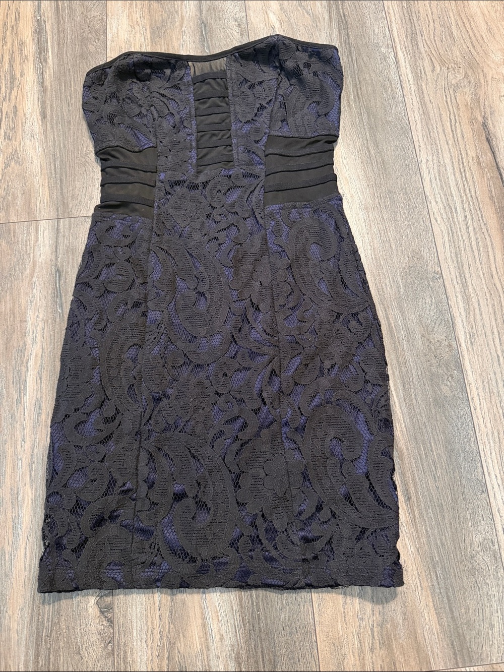 Charlotte Russe Strapless Black Lace Dress with Navy Underlay